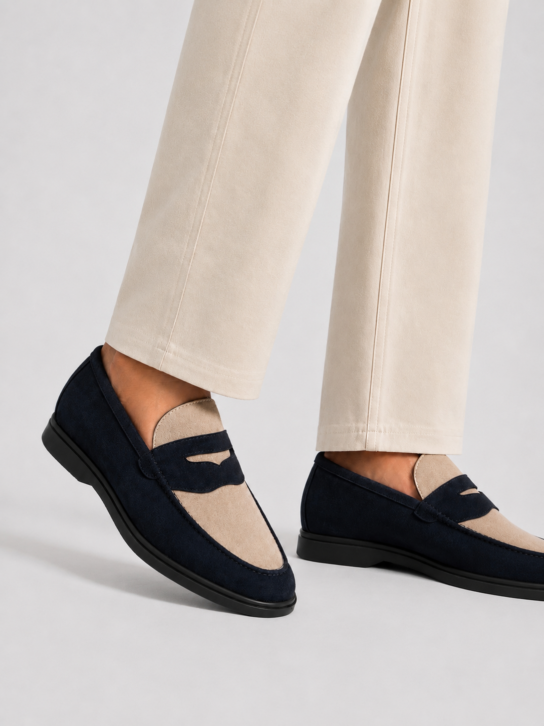 Navy Blue & Beige Penny Loafers