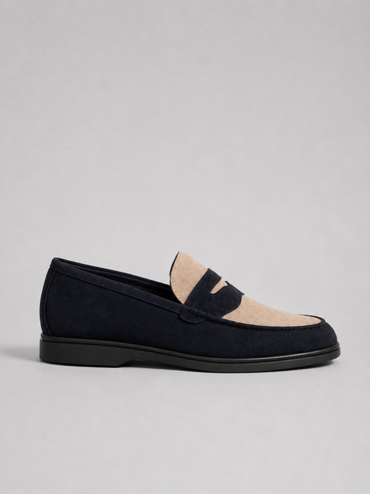 Navy Blue & Beige Penny Loafers