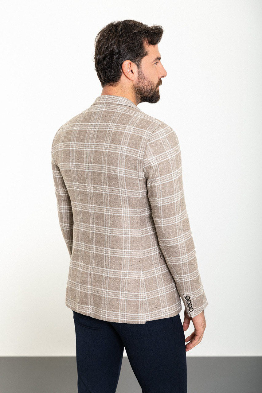 Beige Big Check Slim Fit Blazer MB-017
