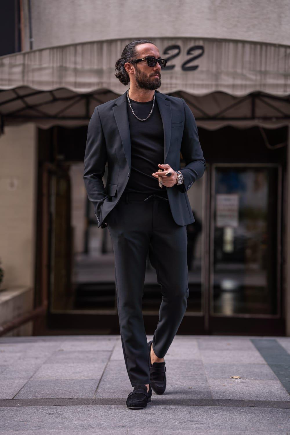 Black Mono Collar Men's Suits