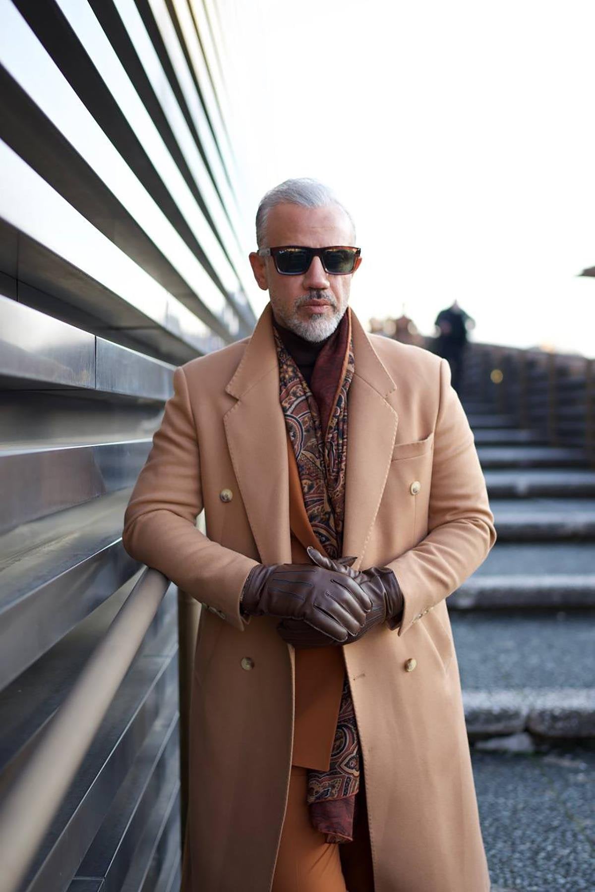 Wide Collar Beige Men's Long Coat