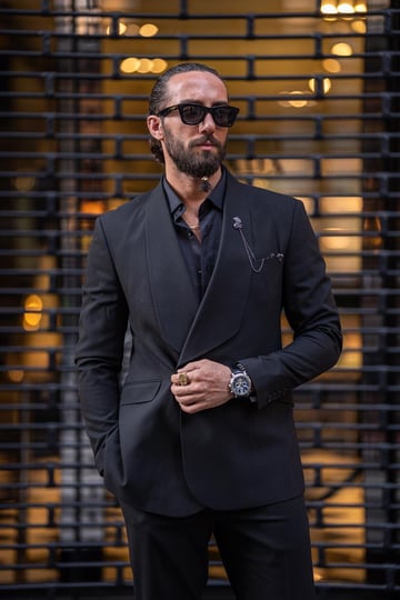 Special Design Wide Collar Single Button Slim Fit black Suit