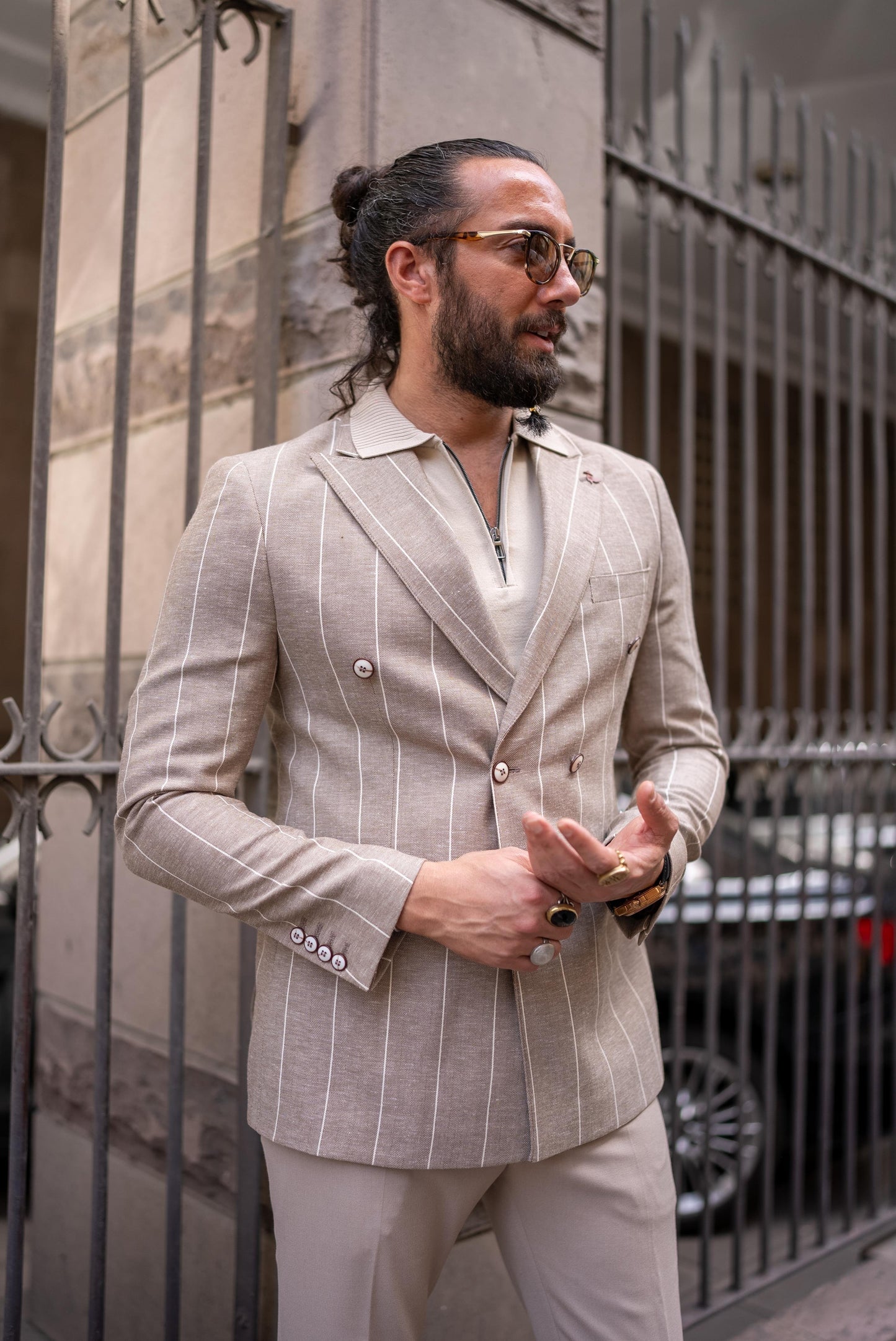 Beige Linen Striped Double Breasted Blazer