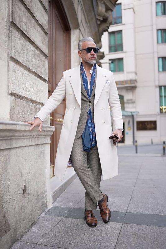 Wide Collar Off White Men's Long Coat