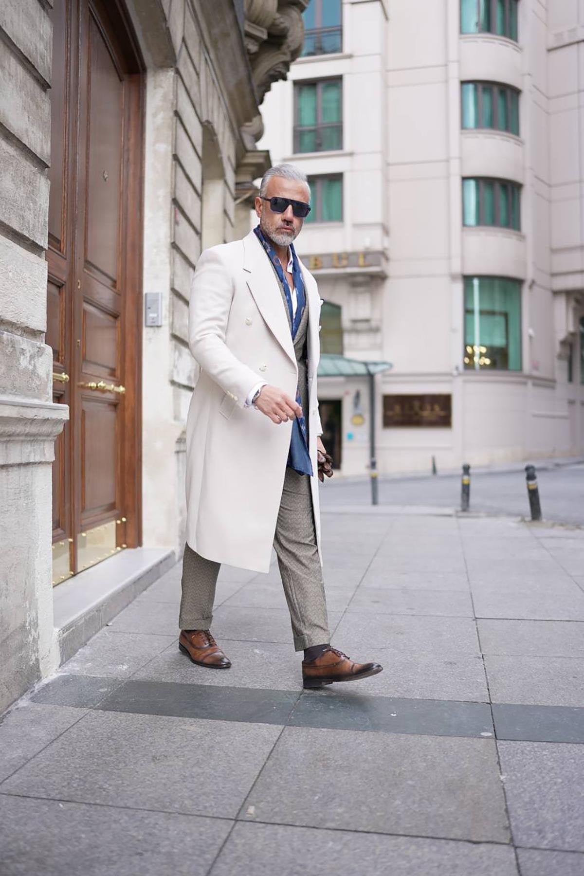 Wide Collar Off White Men's Long Coat