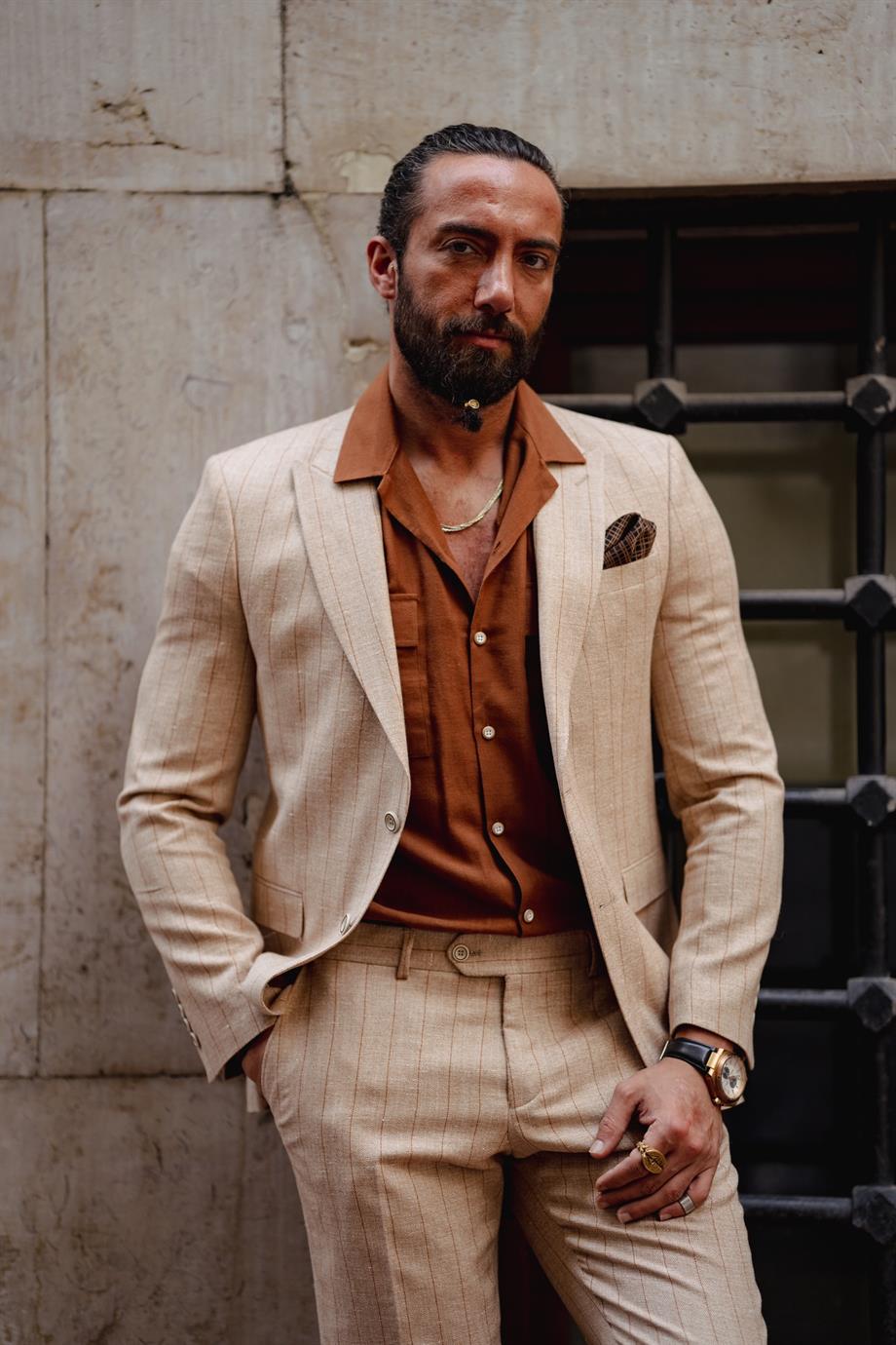 Men's Beige Detailed Slim Fit Suit