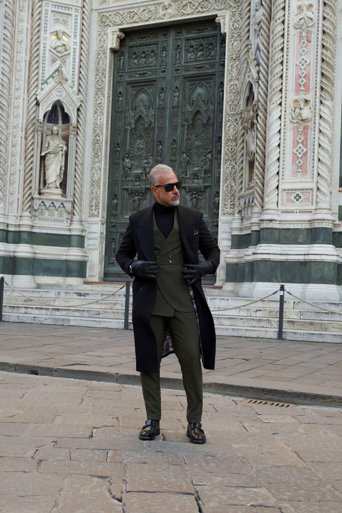 Black Wide Collar Men's Long Coat