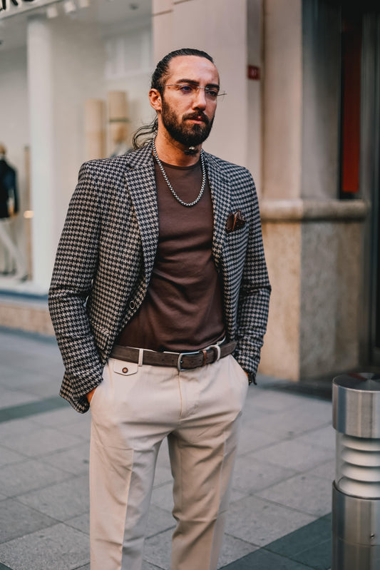 Brown Check Slim Fit Men Blazers