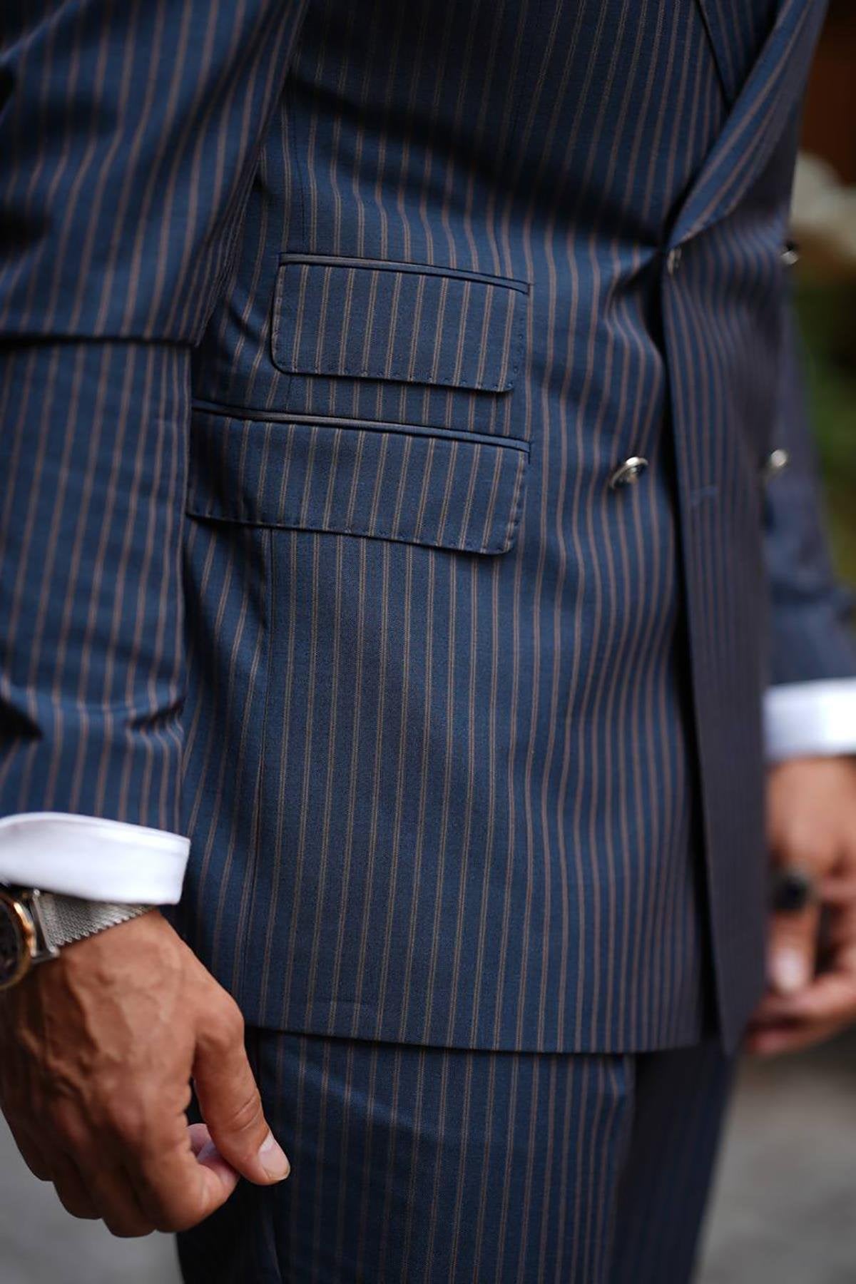 Navy Blue Double Breasted Strap Wool Slim Fit Suit