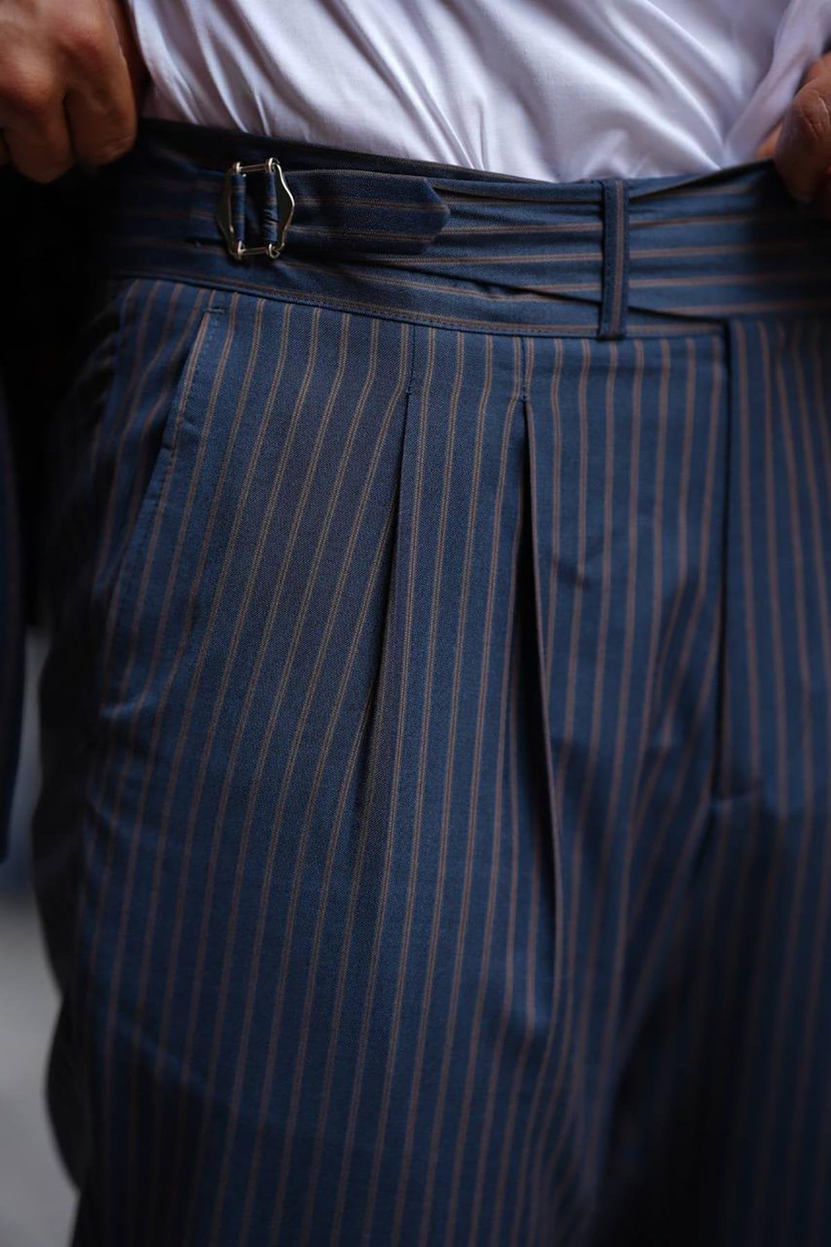 Navy Blue Double Breasted Strap Wool Slim Fit Suit