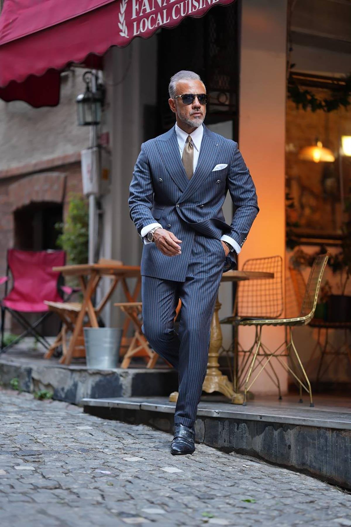 Navy Blue Double Breasted Strap Wool Slim Fit Suit