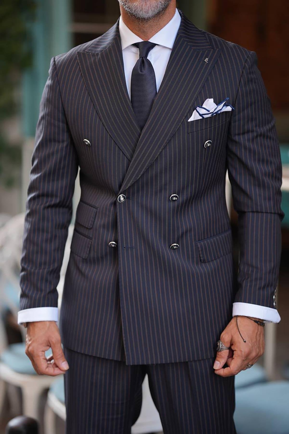Blue Double Breasted Strap Wool Slim Fit Suit