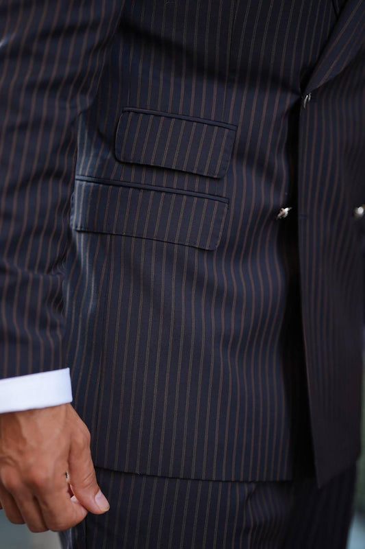 Blue Double Breasted Strap Wool Slim Fit Suit