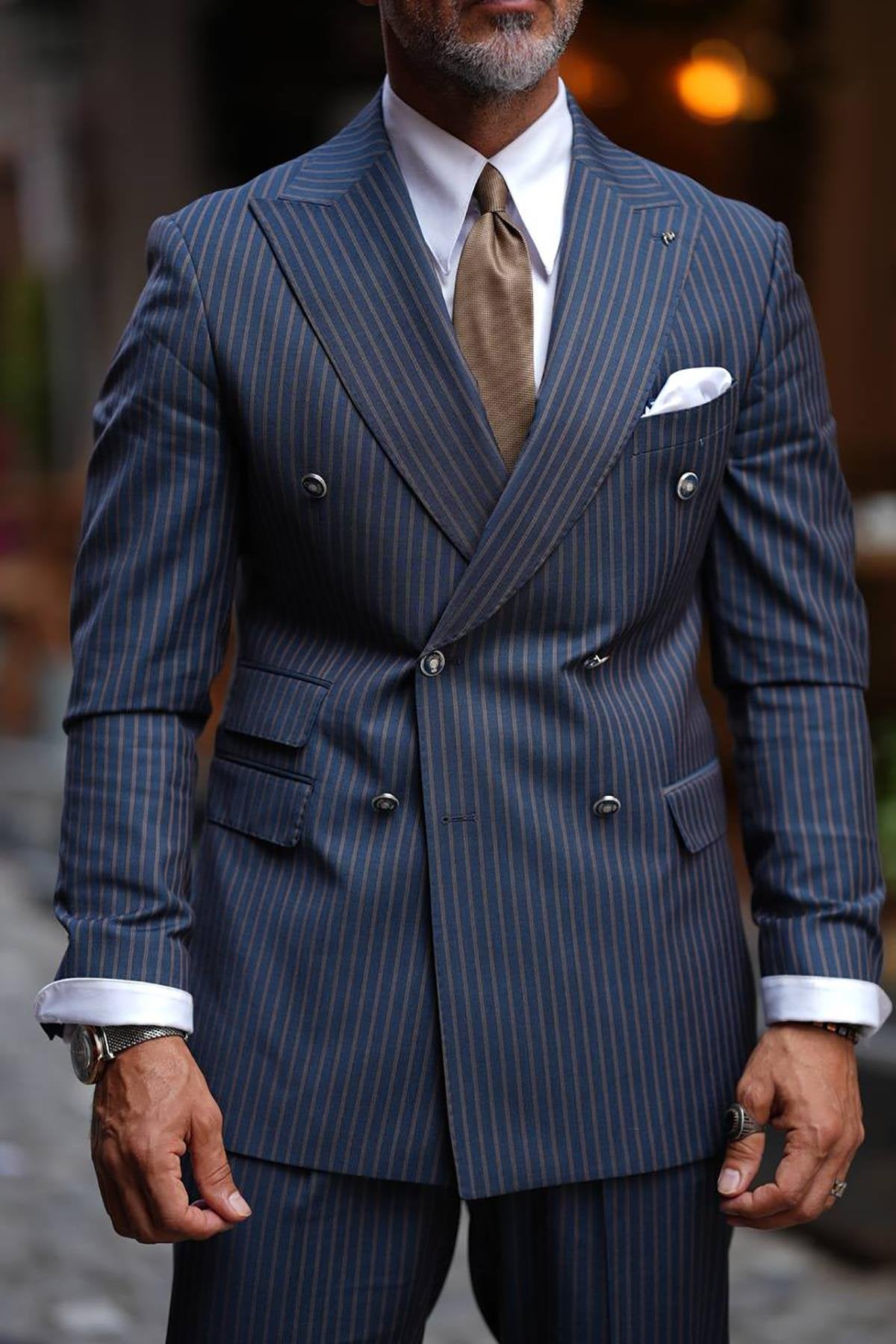 Navy Blue Double Breasted Strap Wool Slim Fit Suit