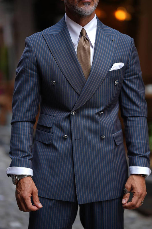 Navy Blue Double Breasted Strap Wool Slim Fit Suit