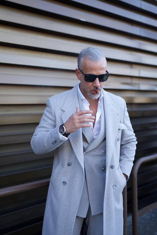 Grey Wide Collar Men's Long Coat