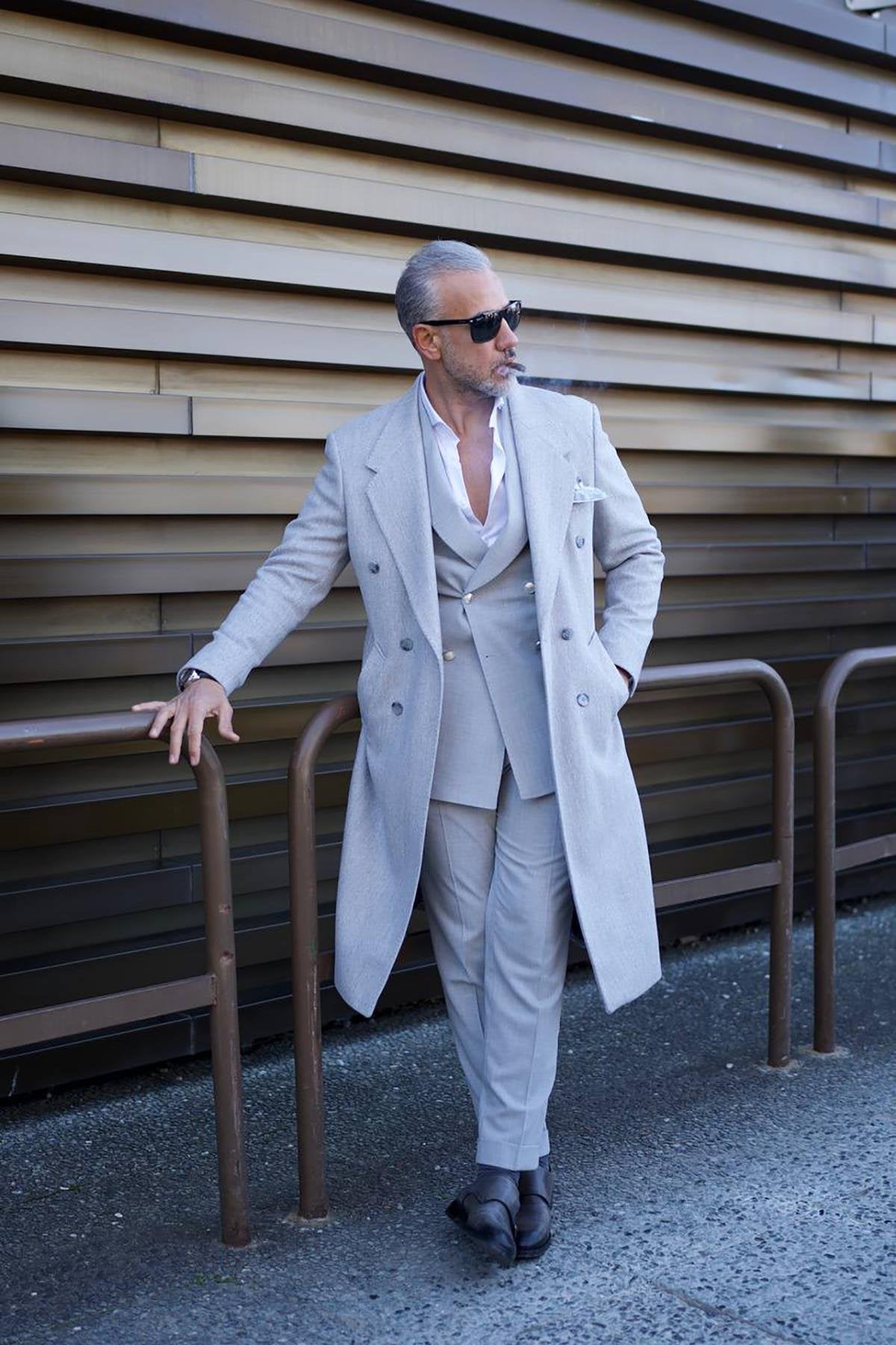 Grey Wide Collar Men's Long Coat