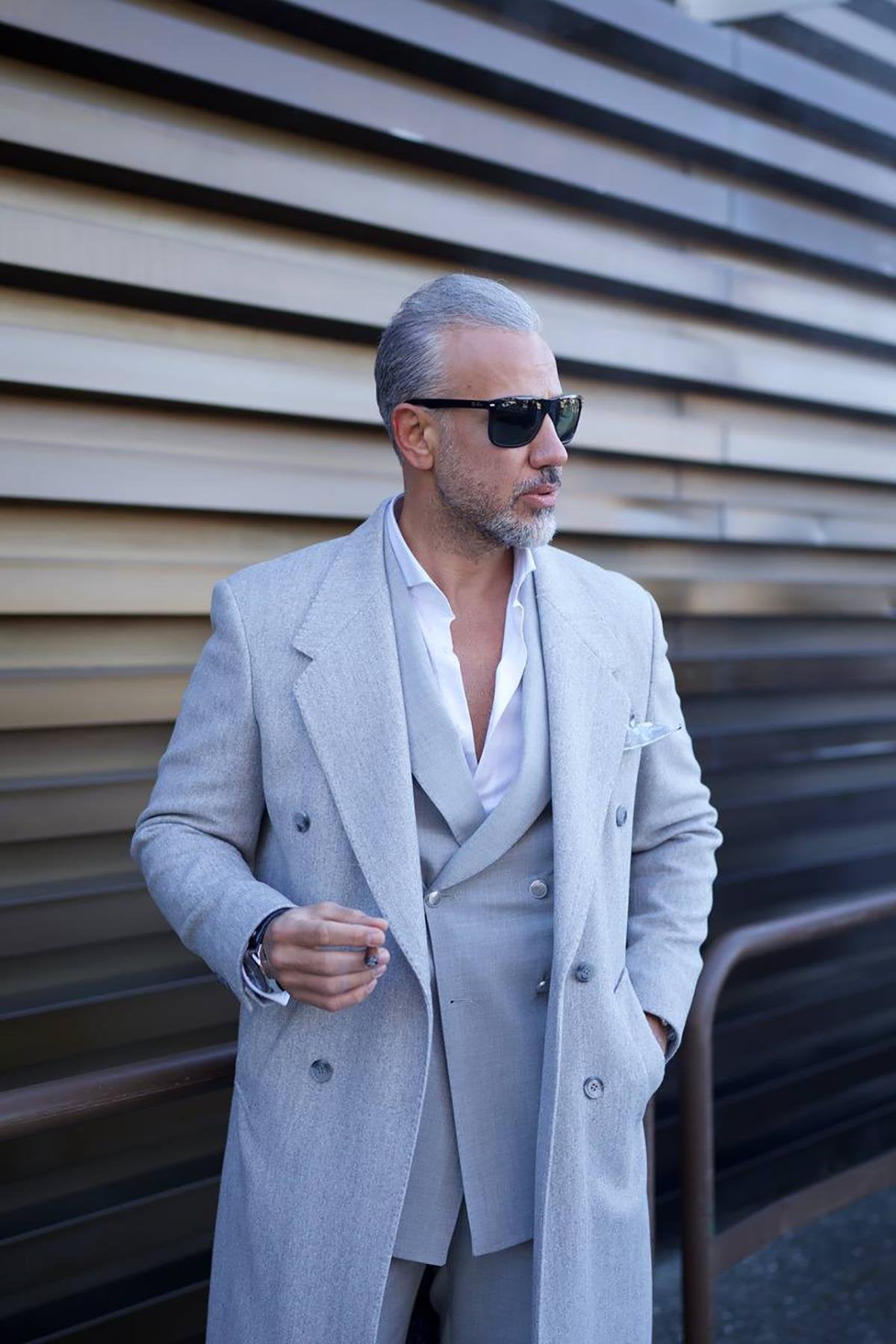 Grey Wide Collar Men's Long Coat