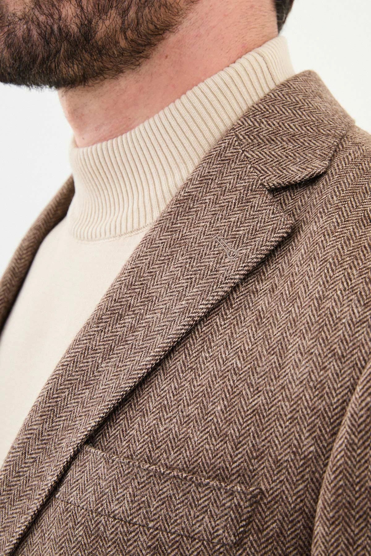 Sand Brown Wool Slim Fit Blazers