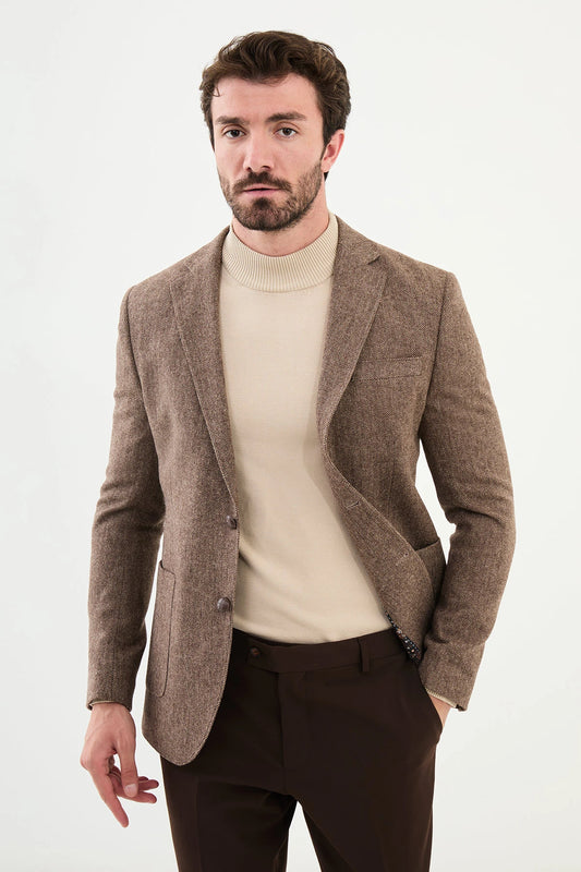 Sand Brown Wool Slim Fit Blazers