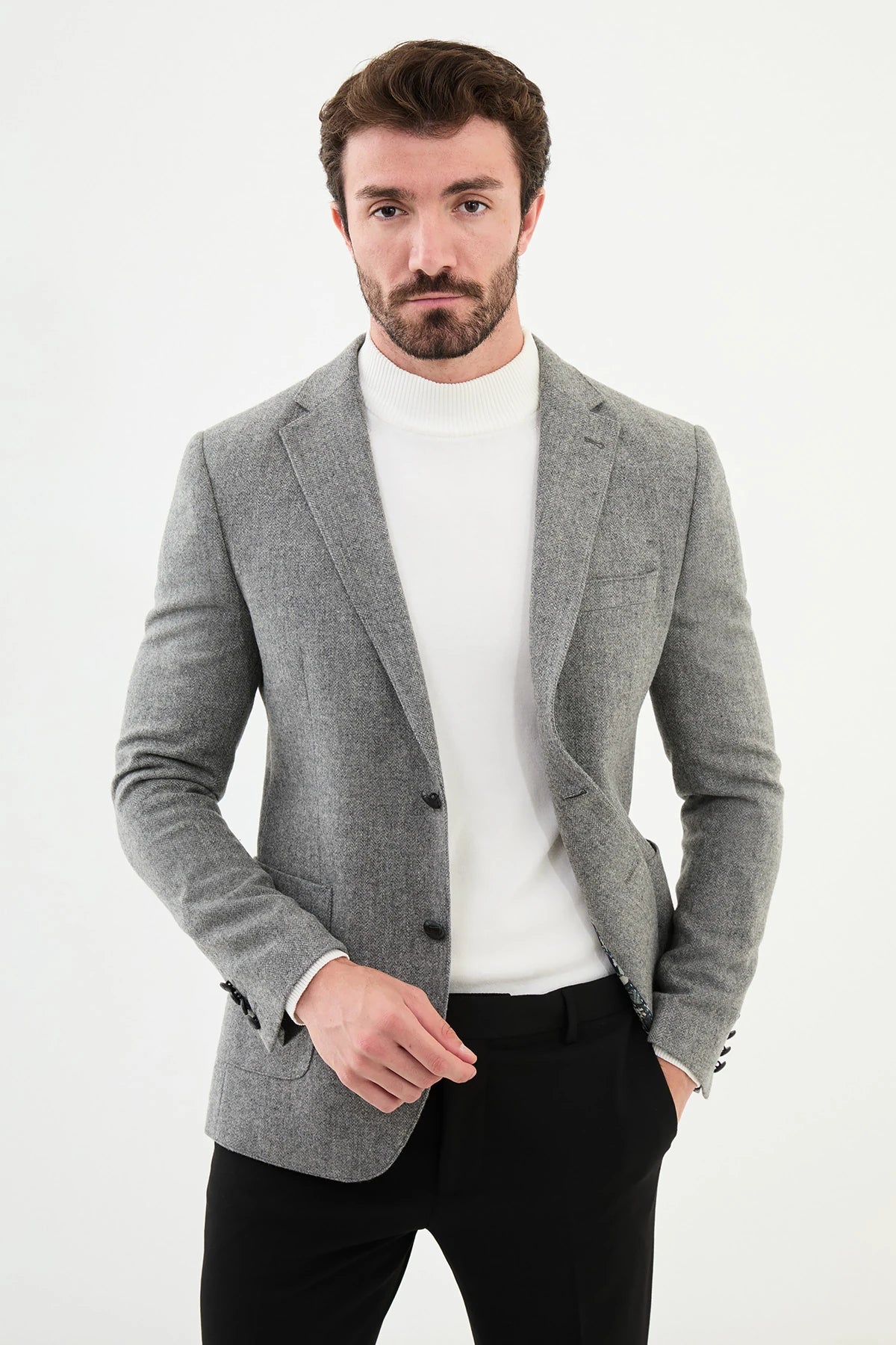 Grey Wool Slim Fit Blazers