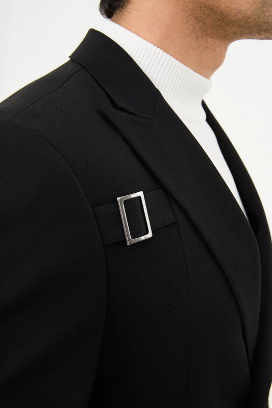 Black Buckle Pointed Collar Blazers-41404