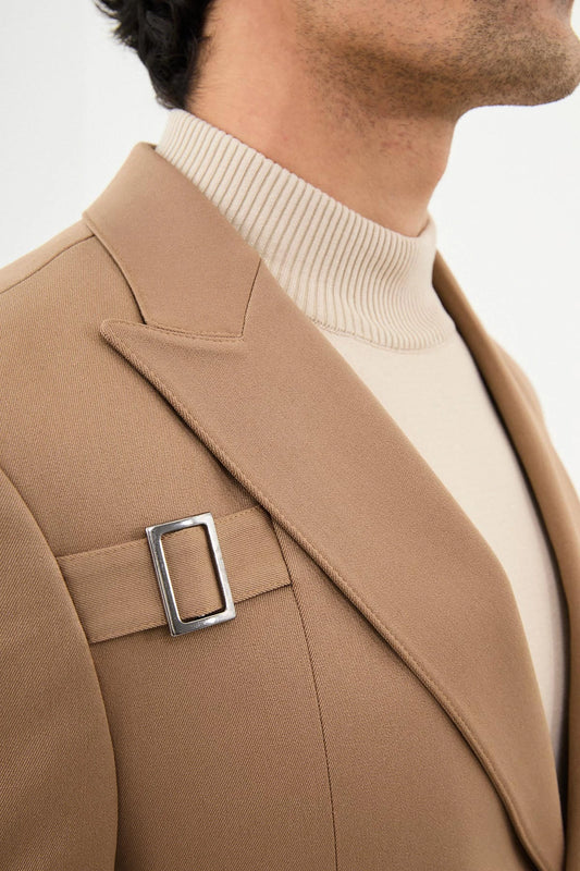 Beige Buckle Pointed Collar Blazers-41404