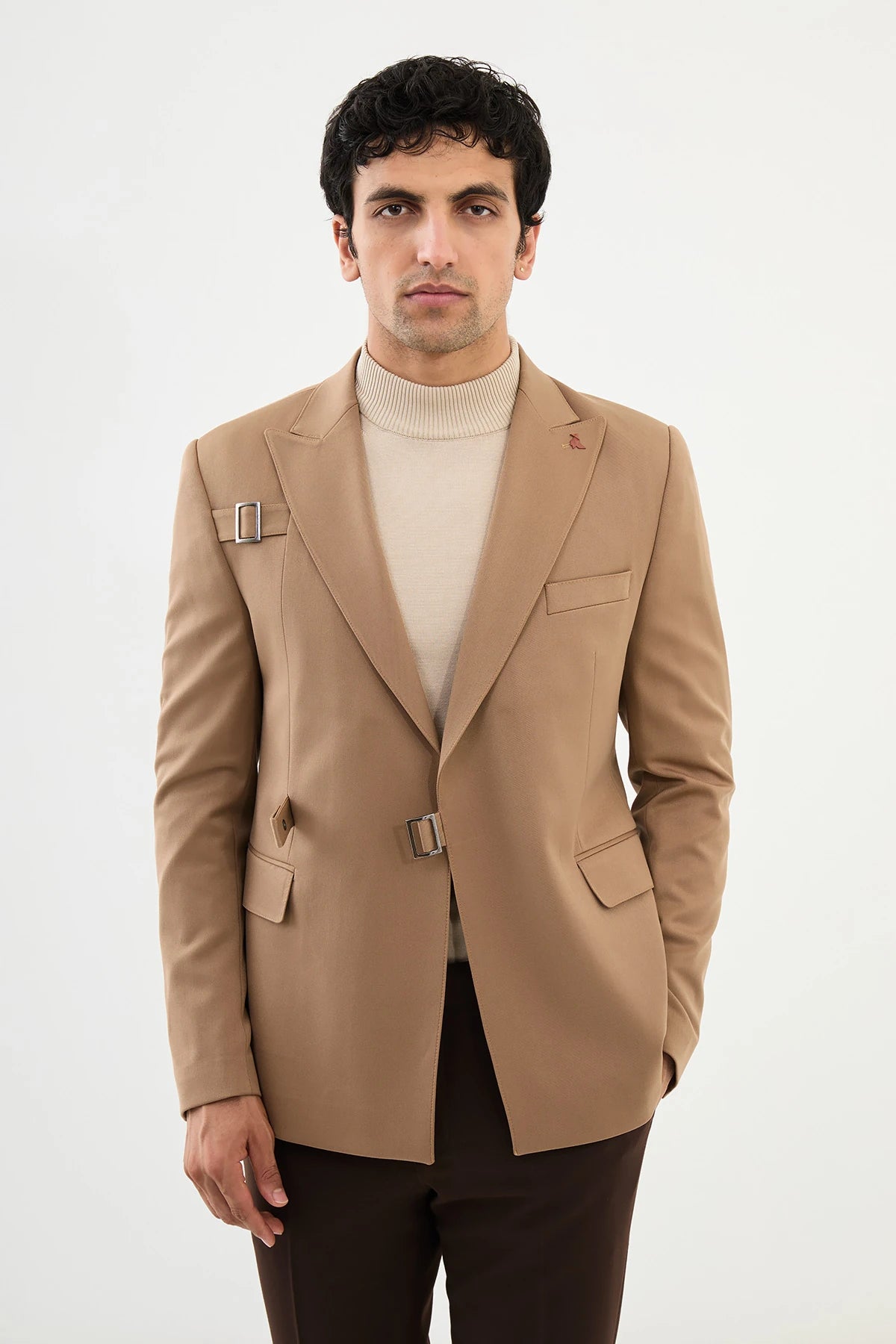 Beige Buckle Pointed Collar Blazers-41404