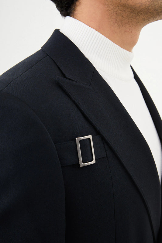 Navy Blue Buckle Pointed Collar Blazers-41404