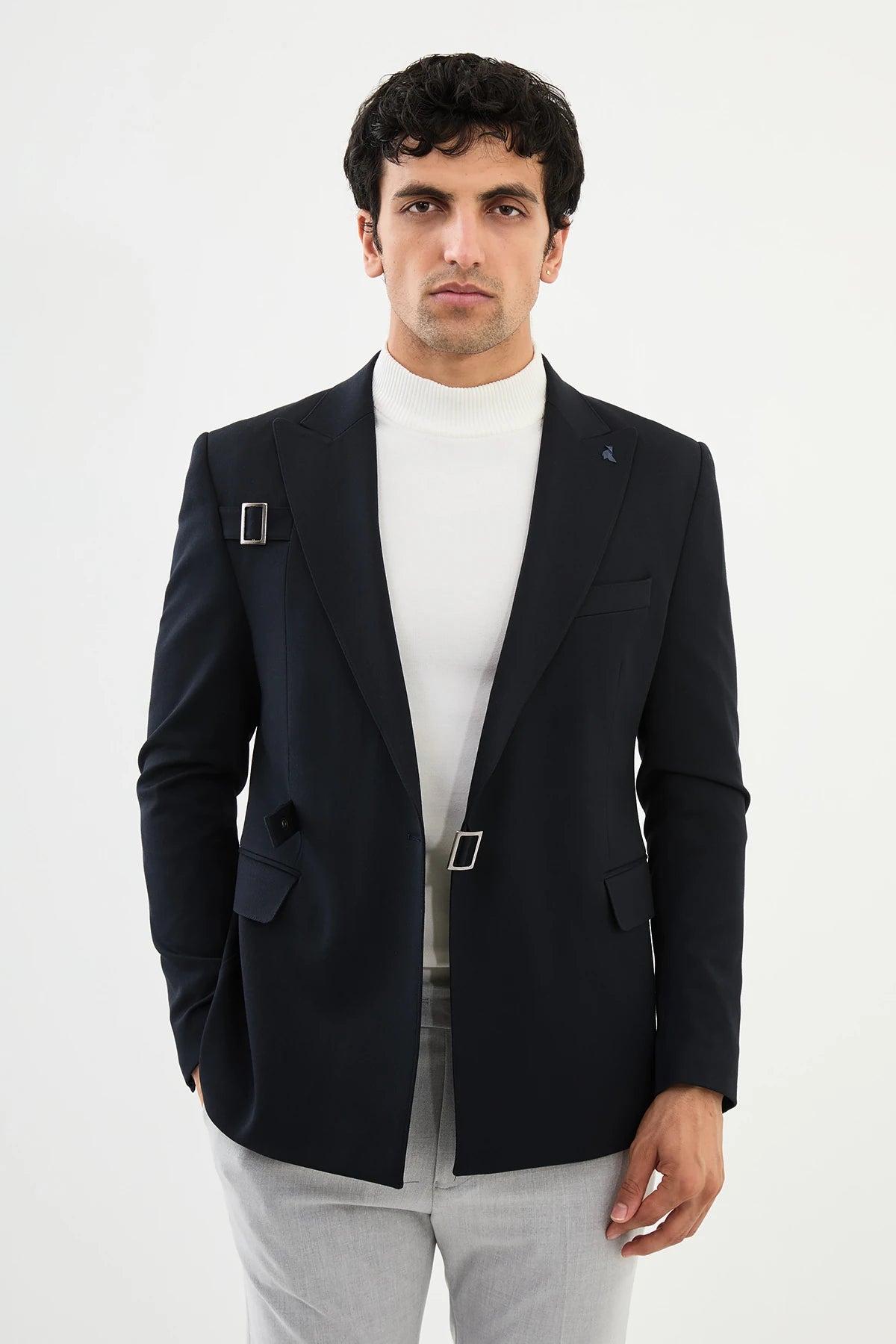 Navy Blue Buckle Pointed Collar Blazers-41404