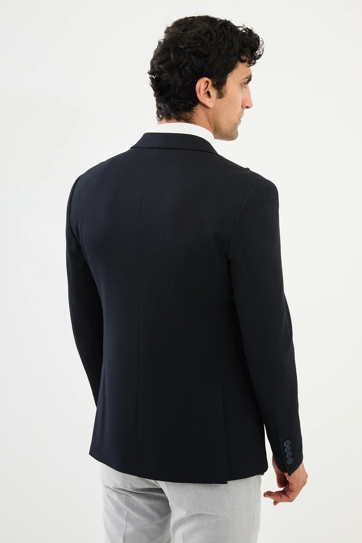 Navy Blue Buckle Pointed Collar Blazers-41404