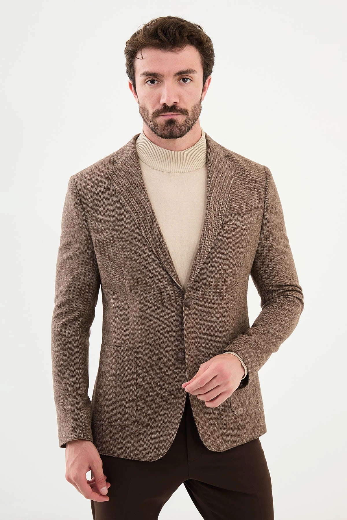 Sand Brown Wool Slim Fit Blazers
