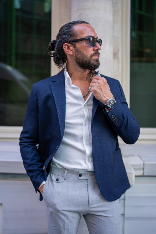 Navy Blue Mono Collar Pocket Blazers