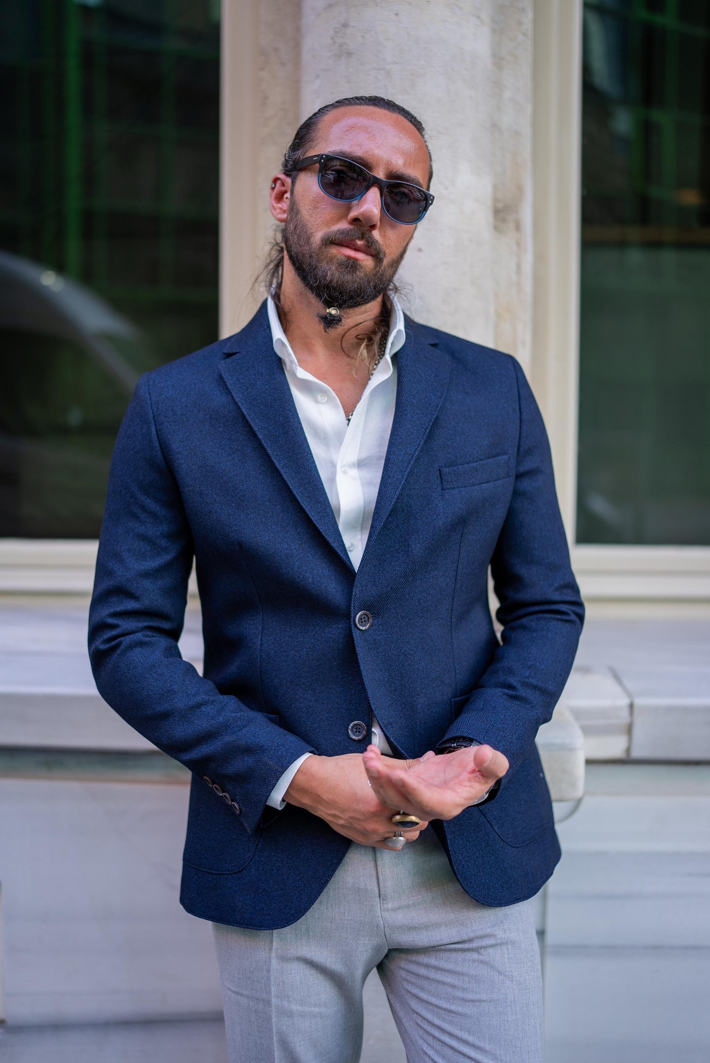 Navy Blue Mono Collar Pocket Blazers