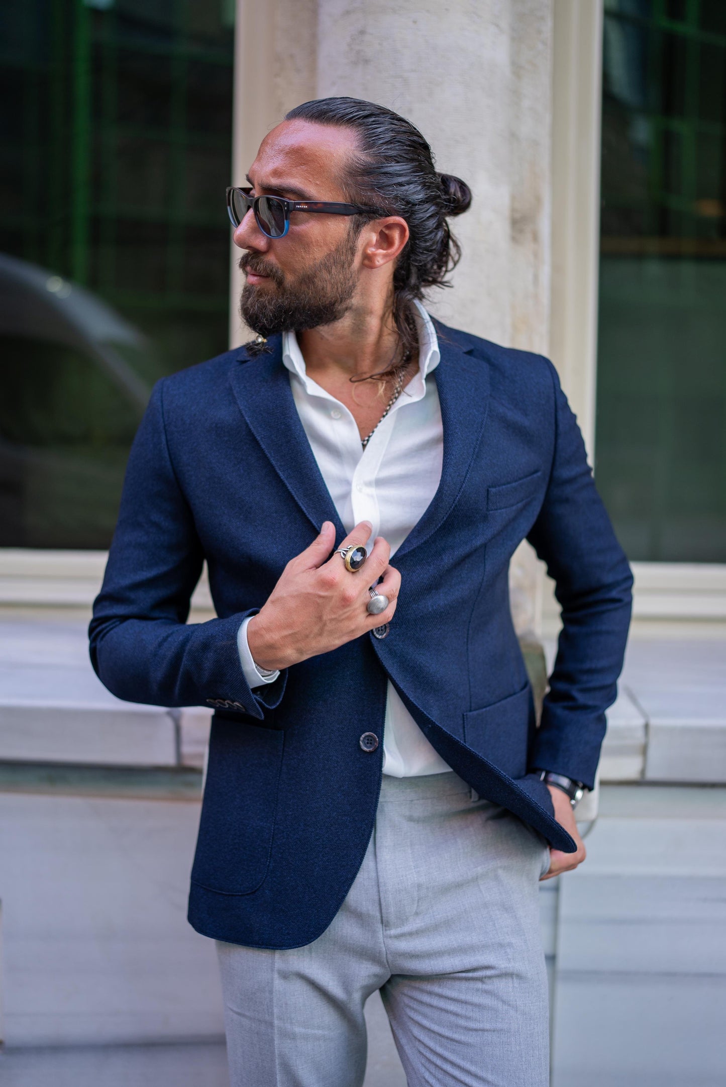 Navy Blue Mono Collar Pocket Blazers