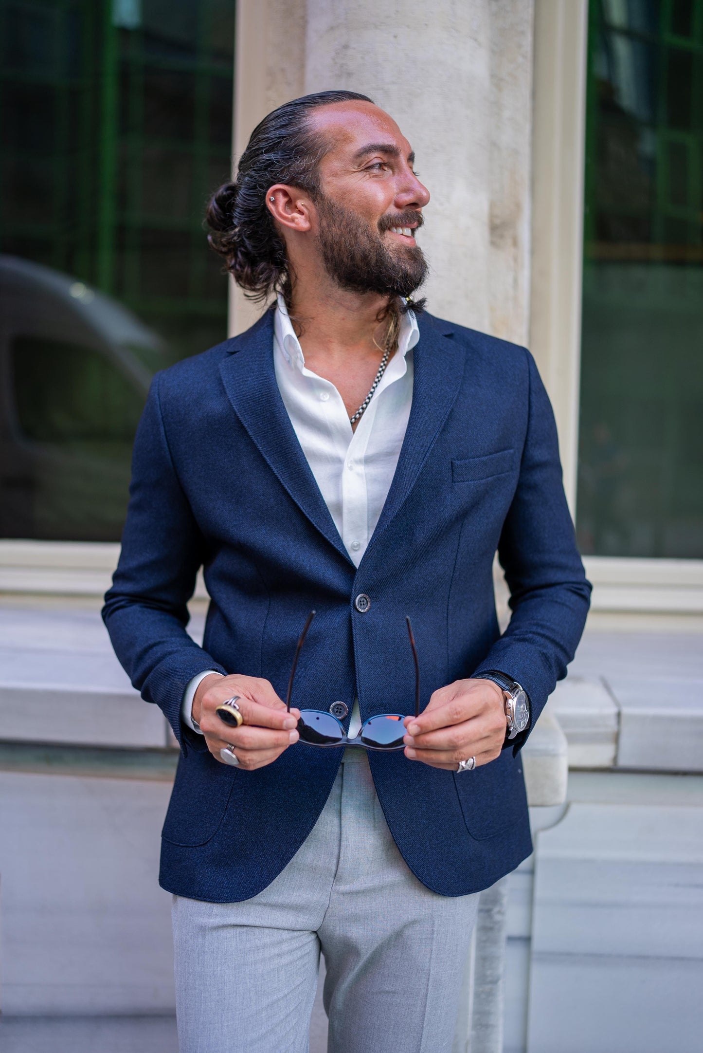 Navy Blue Mono Collar Pocket Blazers