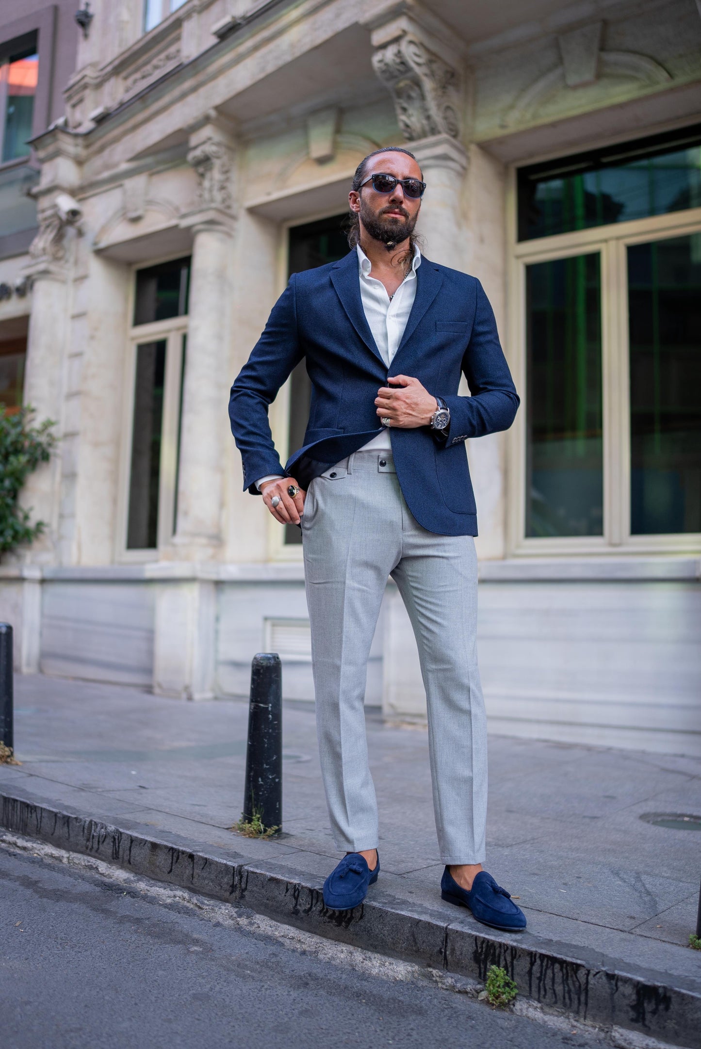 Navy Blue Mono Collar Pocket Blazers