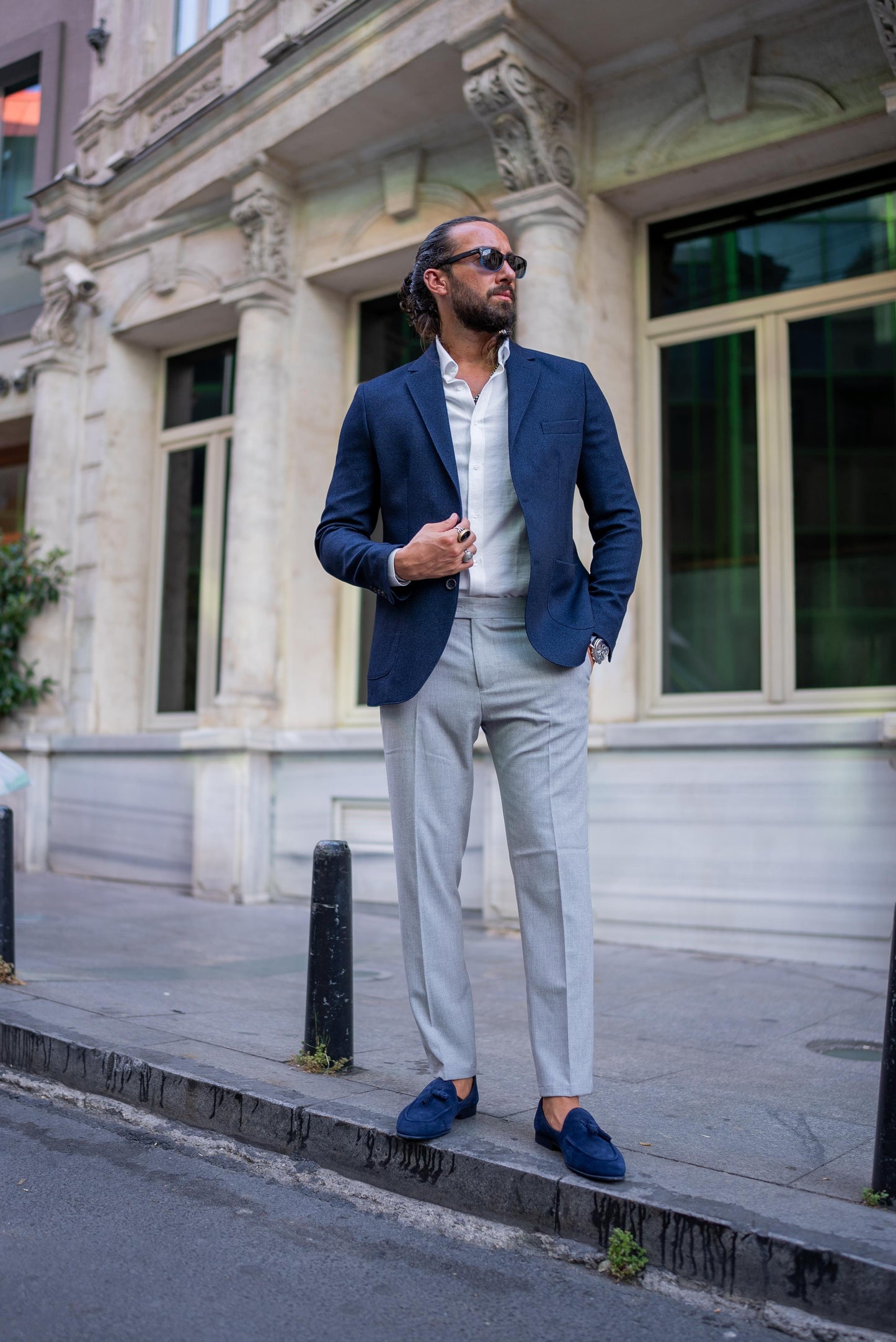 Navy Blue Mono Collar Pocket Blazers