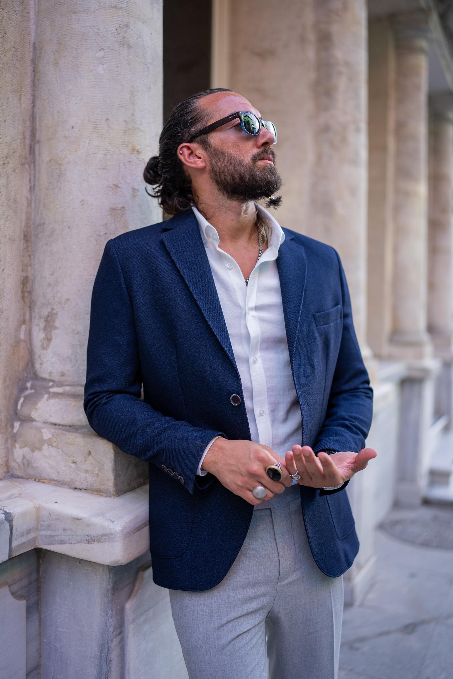 Navy Blue Mono Collar Pocket Blazers