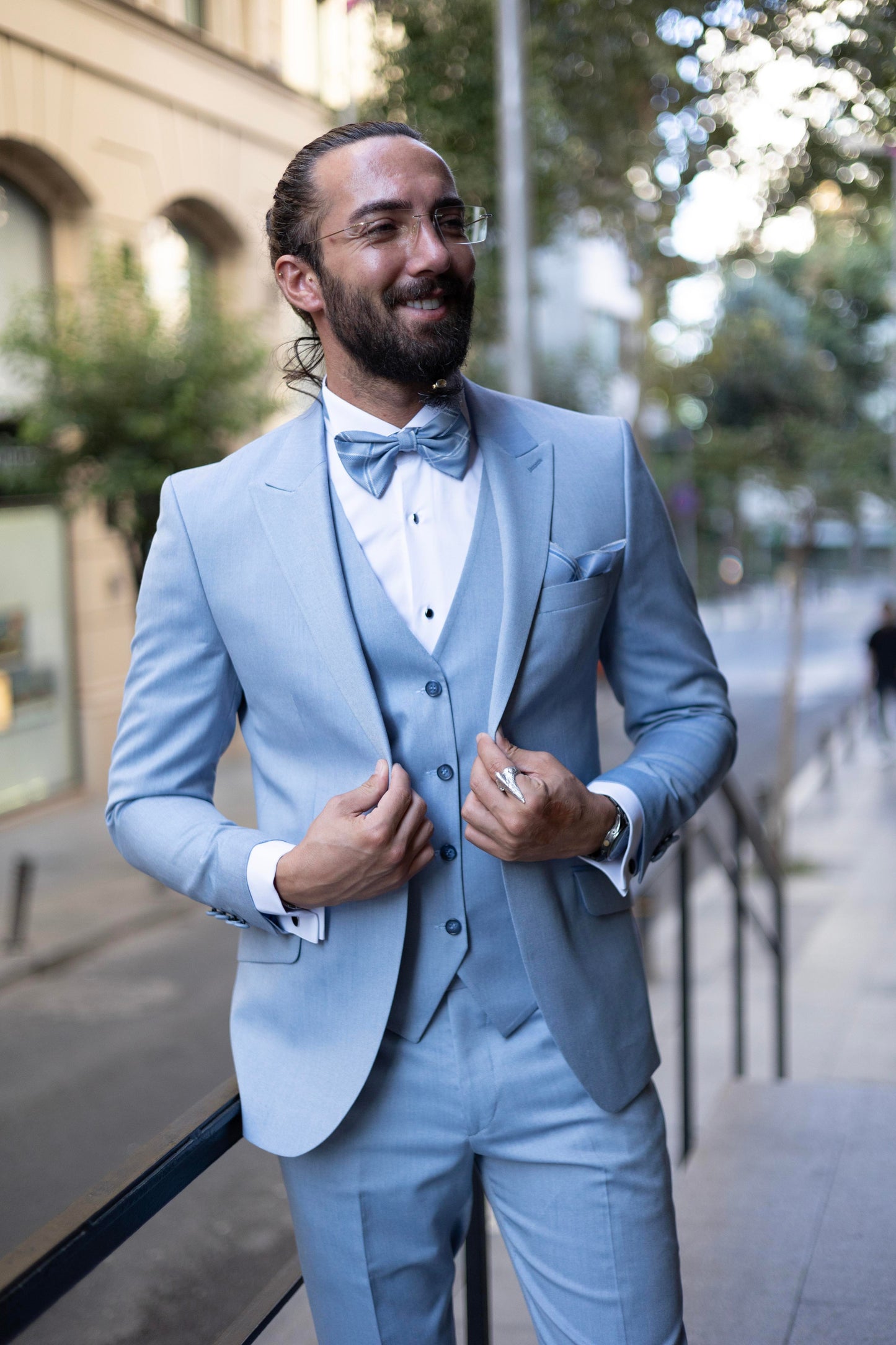 Blue Slim Fit Swallow Neck Men's Wedding Suit