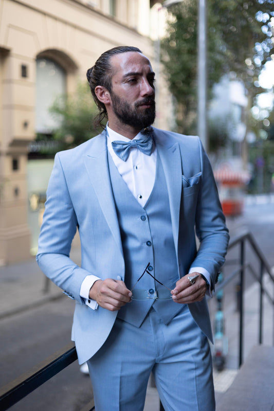 Blue Slim Fit Swallow Neck Men's Wedding Suit