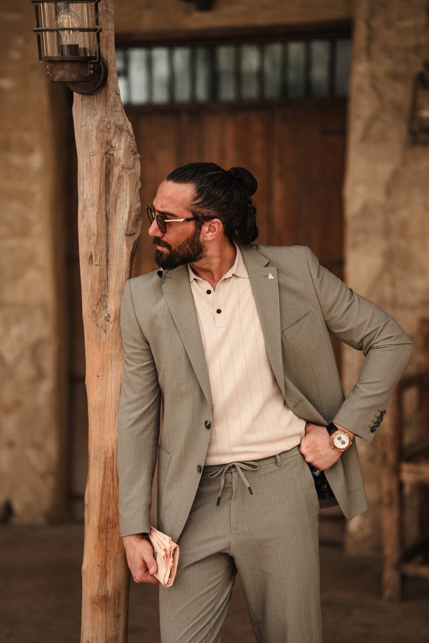 Olive Green Strip Suit