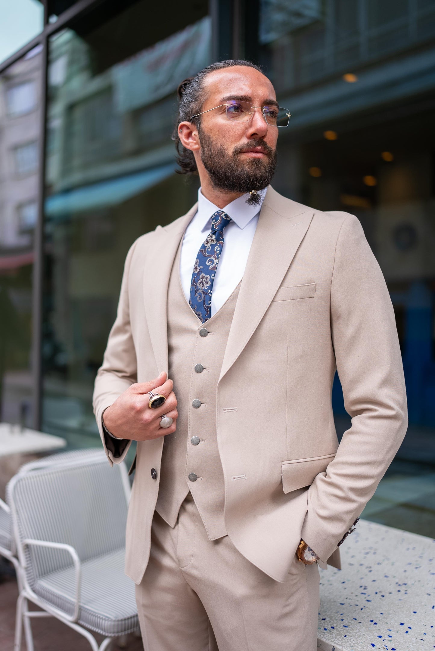 Beige Linen Slim Fit Suit