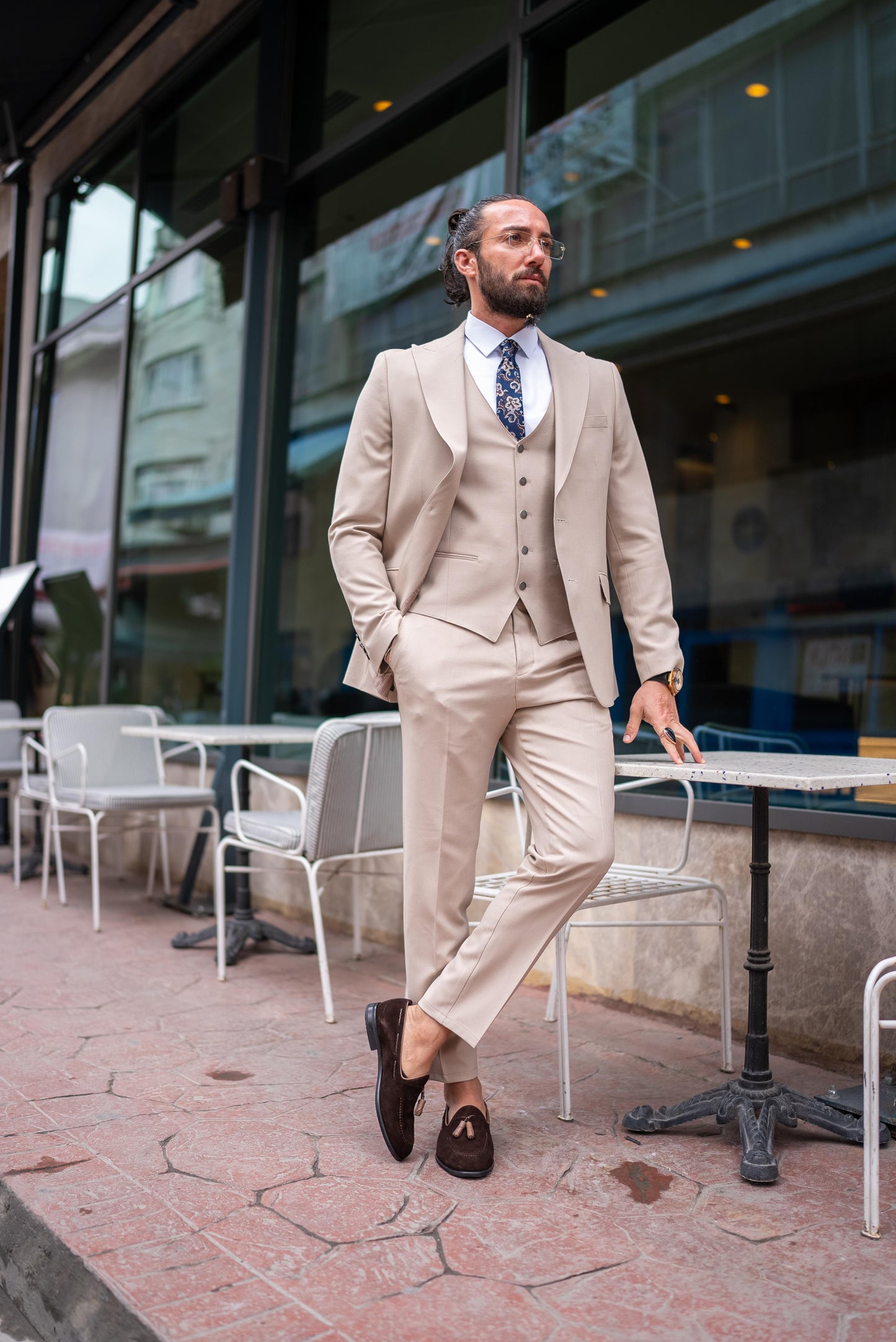 Beige Linen Slim Fit Suit