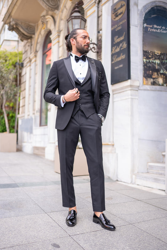 Black Pattern Slim Fit Tuxedo Suit