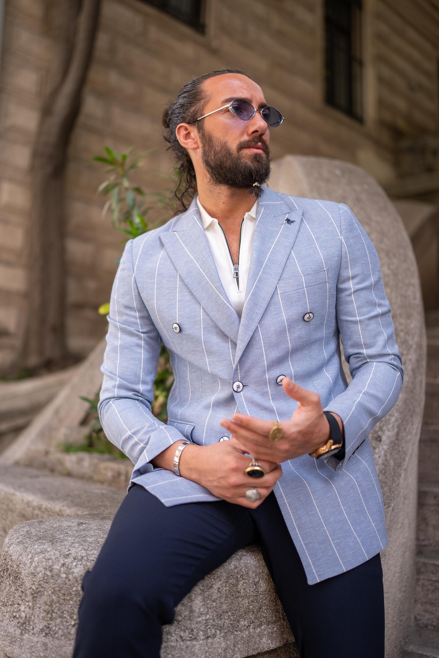 Blue Linen Striped Double Breasted Blazer