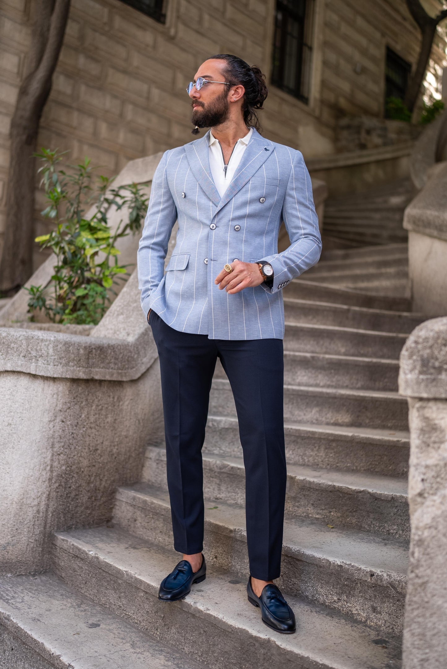 Blue Linen Striped Double Breasted Blazer