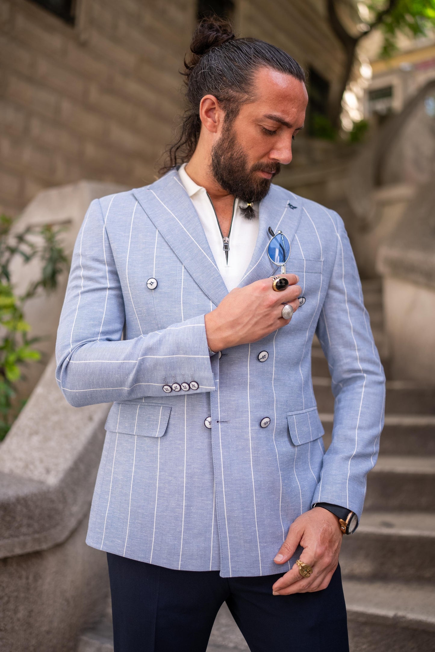 Blue Linen Striped Double Breasted Blazer