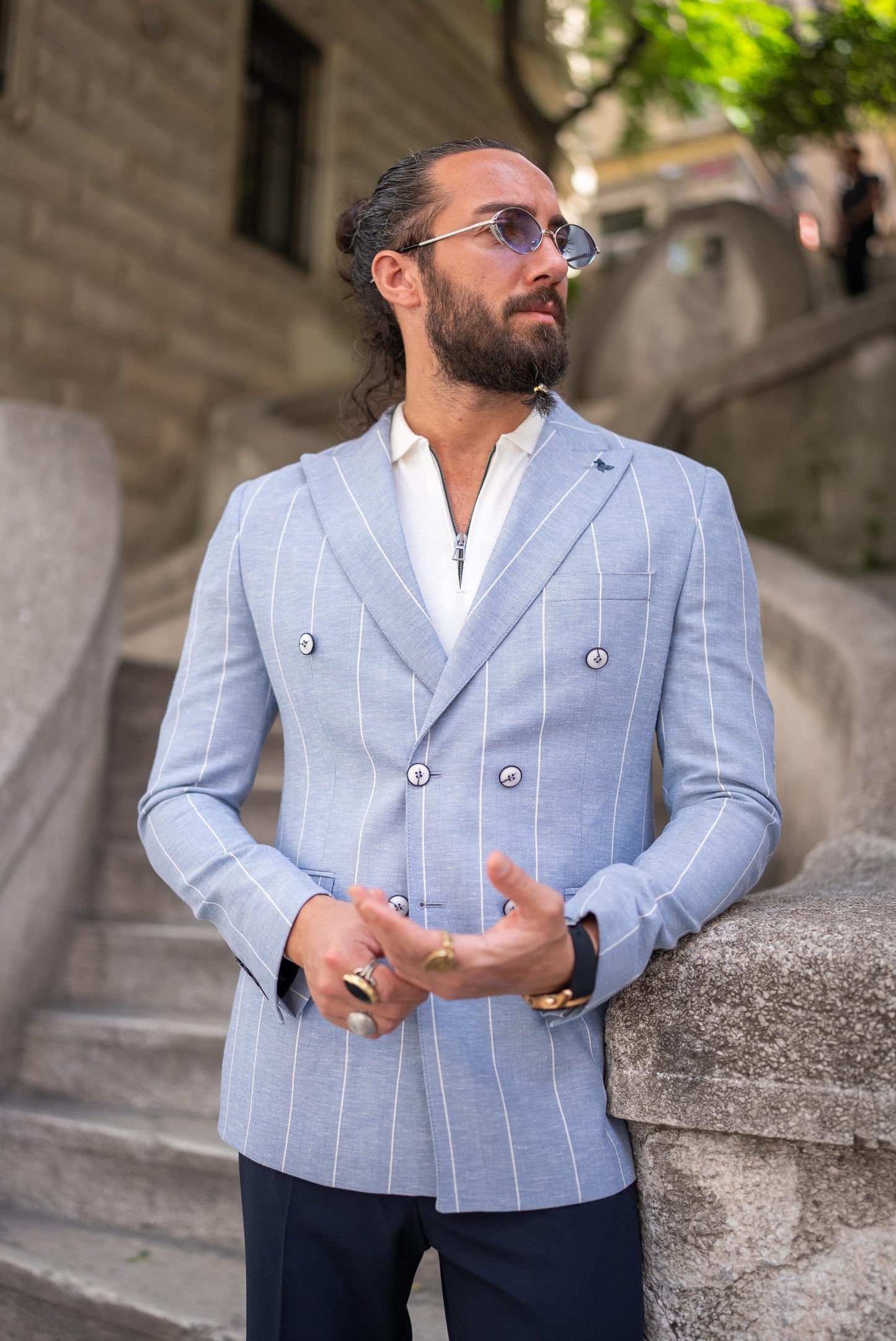 Blue Linen Striped Double Breasted Blazer