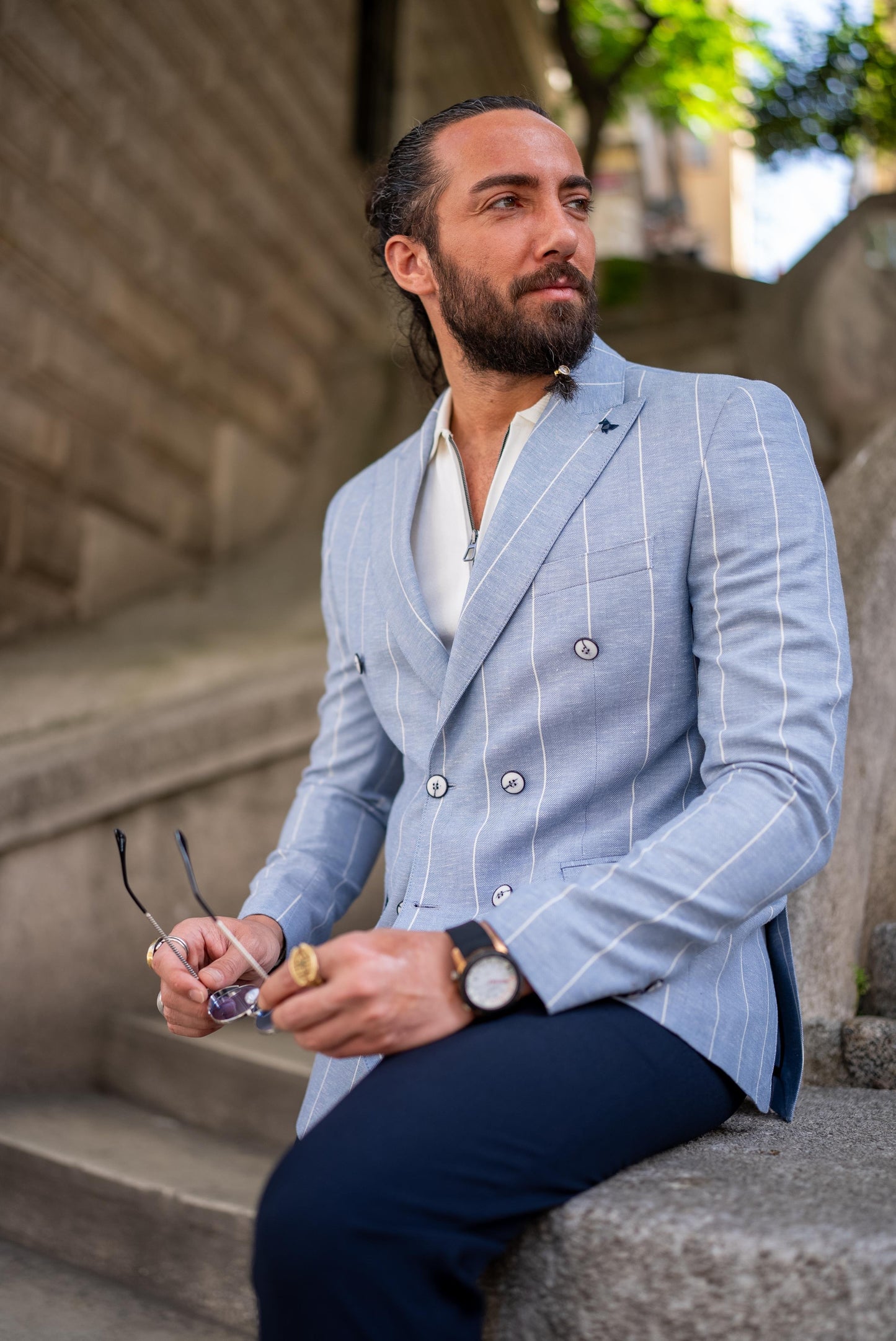 Blue Linen Striped Double Breasted Blazer